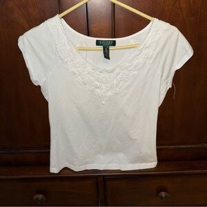 Ralph Lauren White Lace Detail Short Sleeve Top